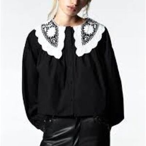 Zara women’s black button front long sleeve Peter Pan collar white lace blouse
